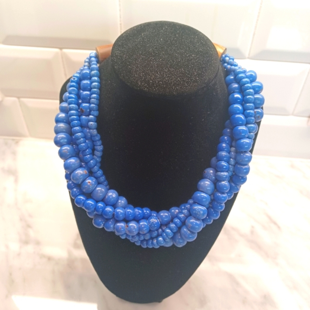 Royal Blue, Lapis Inspired, Chunky Multi-Strand Beaded Stone Statement Necklace